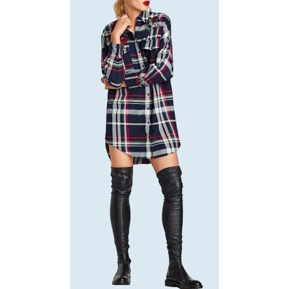 ZARA Plaid Flannel Embroidered Shirt Dress Tunic Size Medium